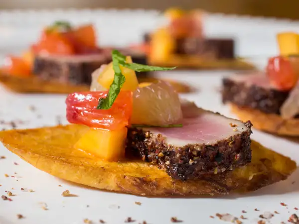 Seared Tuna with citrus relish on a crispy wonton