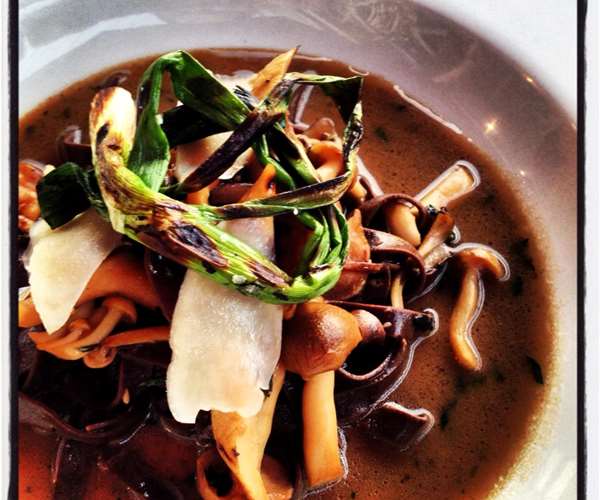 Chocolate fettuccine with mushroom ragout and pecorino, from our 2013 VT Restaurant Week cacao inspired menu